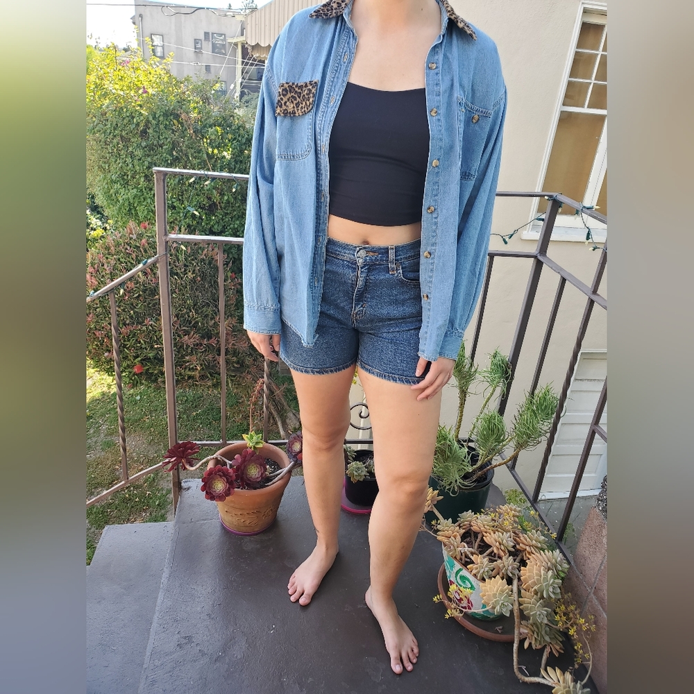 Cheetah print blue denim shirt